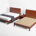 Two Single Beds With Wooden Headboards White Sheets Gray Blanket And Striped Mattress