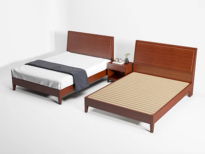 Two Single Beds With Wooden Headboards White Sheets Gray Blanket And Striped Mattress 3d model