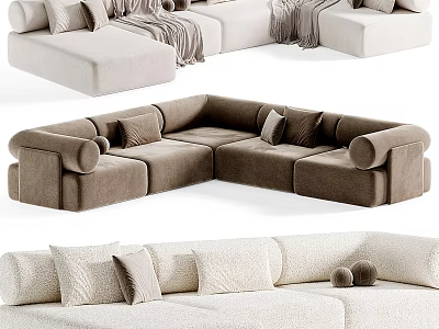 Modern L shaped Sectional Sofa With Beige Brown Tones Soft Pillows And Cozy Blankets 3d model