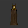 Brown Spaghetti Strap Long Dress With Yellow Decorative Patterns And Fitted Waist