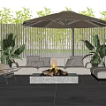 Comfortable Outdoor Sofa with Fire Pit Umbrella and Plants near Wooden Fence on Concrete Floor