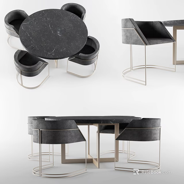 Modern Dining Table And Chairs Set With Black Marble Top And Metal Frame 3d model 