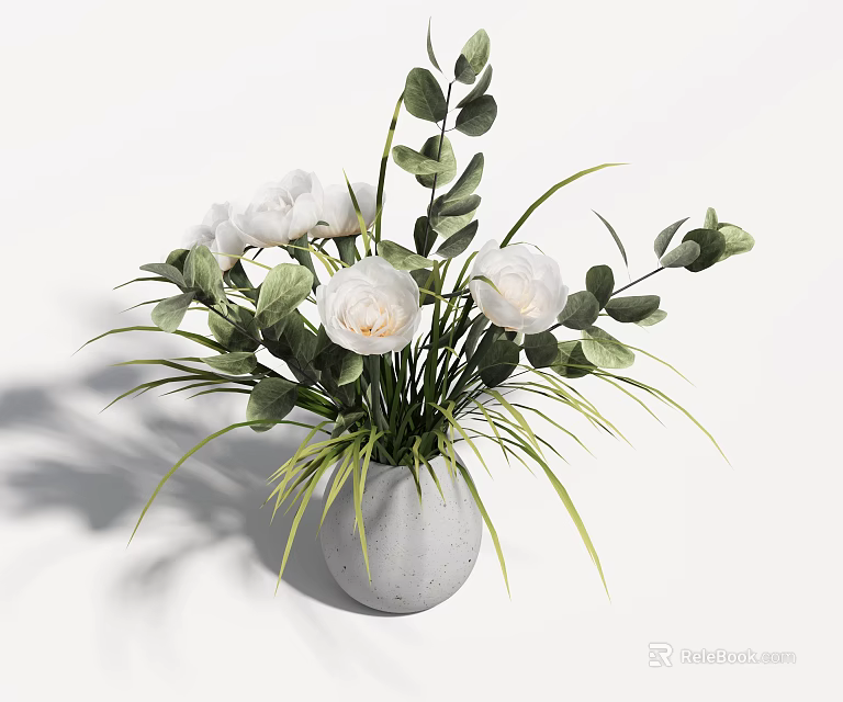 White Vase With White Flowers Green Leaves And Long Grass Blades 3d model 