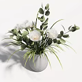 White Vase With White Flowers Green Leaves And Long Grass Blades
