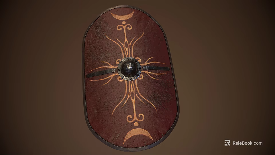Oval Brown Leather Shield With Golden Decorations Central Metal Boss And Crescent Moon Designs 3d model 