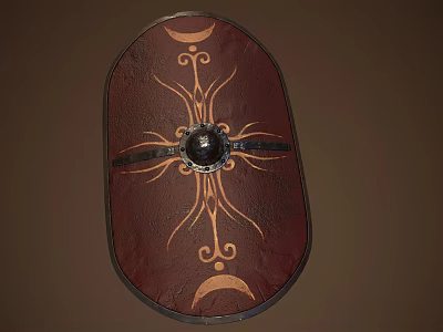 Oval Brown Leather Shield With Golden Decorations Central Metal Boss And Crescent Moon Designs 3d model