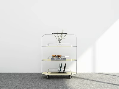 Modern Minimalist Rolling Cart With Multiple Shelves Plant Books And Fruits 3d model