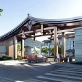 Modern Architectural Facade Featuring Glass Curtain Wall Stone Elements Traditional Roof And Front Fountain Garden
