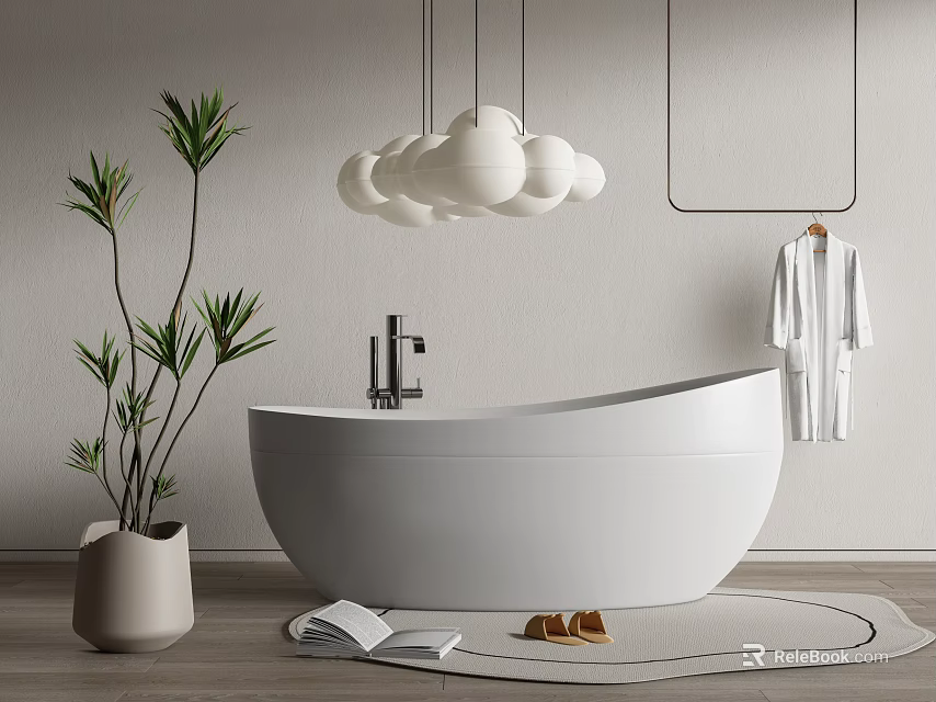 White Bathtub With Hanging Spherical Lights Potted Plant Bathrobe Slippers Open Book and Round Rug 3d model 