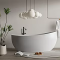 White Bathtub With Hanging Spherical Lights Potted Plant Bathrobe Slippers Open Book and Round Rug