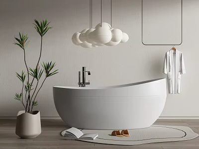 White Bathtub With Hanging Spherical Lights Potted Plant Bathrobe Slippers Open Book and Round Rug 3d model