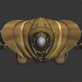 Armored Warrior Character With Golden And Black Armor Purple Face And Chest Gem