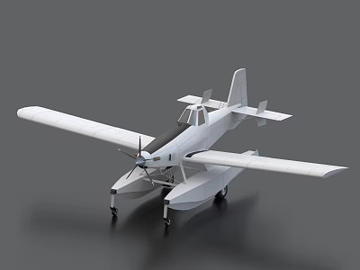 White Single Wing Seaplane Model With Floats Propeller On Gray Background 3d model