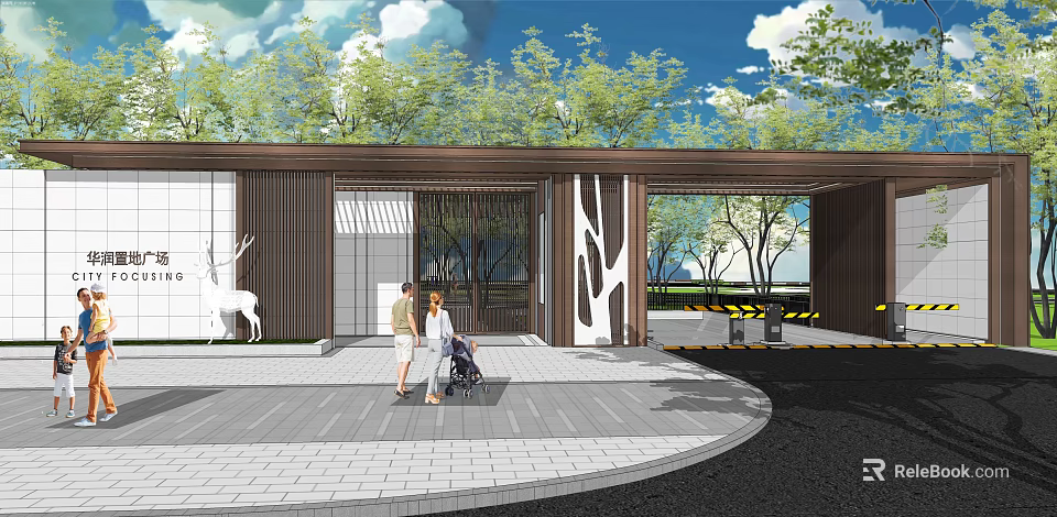 Entrance Gate With Wooden Structure Tree Shaped Cutouts White Walls Green Trees And Family Stroller 3d model 