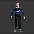 Man Wearing Tubecat Black Shirt Blue Sleeves Black Pants Green Shoes On Gray Background