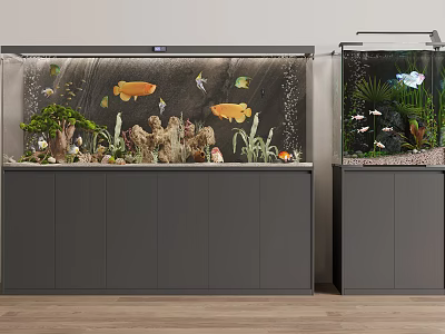 Modern Aquarium Fish Tanks On Cabinet With Aquatic Plants Colorful Fish And Decorations 3d model