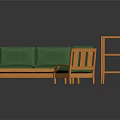 Green Sofa And Orange Coffee Table Set With Wooden Frame Matching Green Chair And Shelf