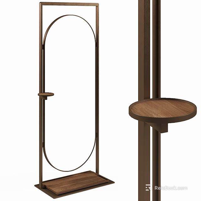 Elegant Full Length Floor Mirror with Metal Frame and Wooden Side Table 3d model 