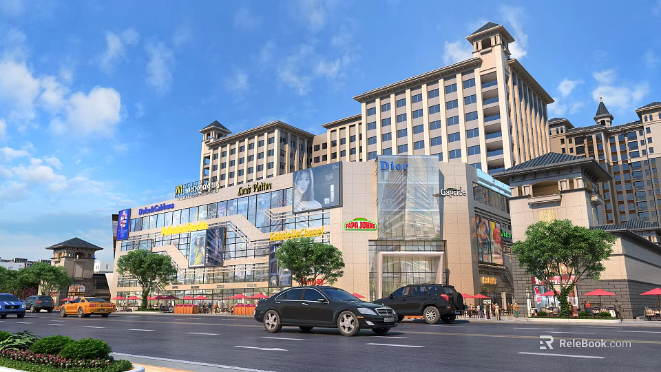 Vibrant Commercial Street With High Rise Buildings Storefronts Cars And Green Trees 3d model 