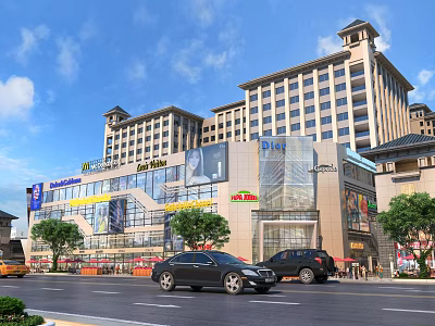 Vibrant Commercial Street With High Rise Buildings Storefronts Cars And Green Trees 3d model