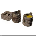 Rope Bound Wooden Barrels And Open Box With Yellow Liquid Inside