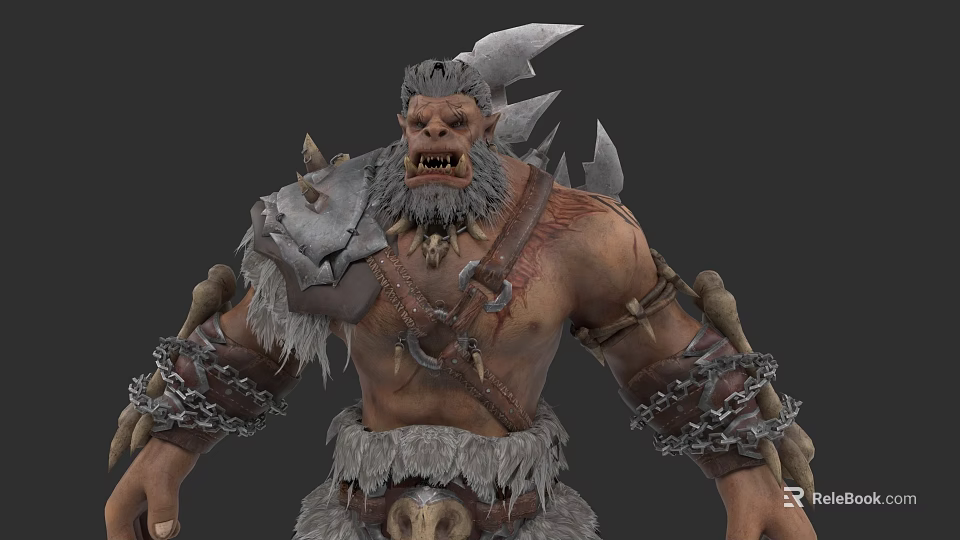 Orc Warrior Game Character with Giant Axe Spiked Armor Fangs Fur Chains and Scars 3d model 