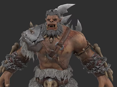 Orc Warrior Game Character with Giant Axe Spiked Armor Fangs Fur Chains and Scars 3d model
