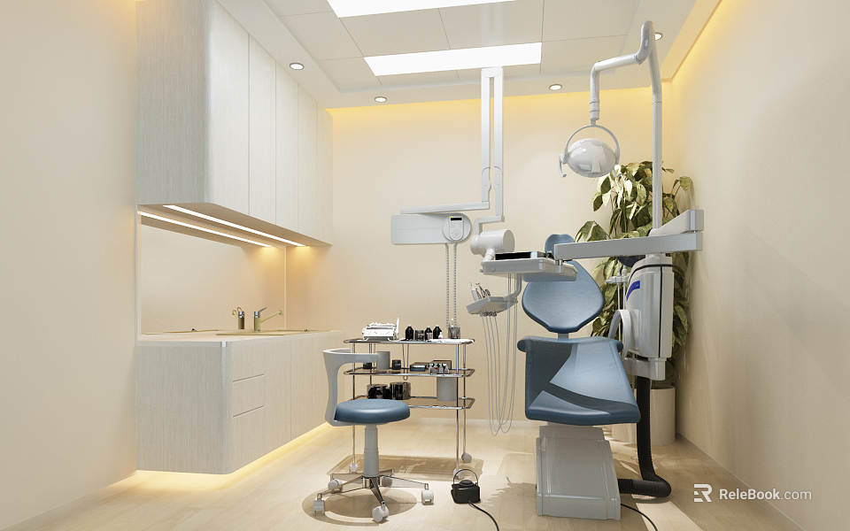 Modern Dental Clinic Interior With Treatment Chair Medical Equipment Cabinets Lighting And Plant 3d model 