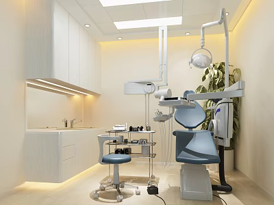 Modern Dental Clinic Interior With Treatment Chair Medical Equipment Cabinets Lighting And Plant 3d model