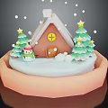 Cartoon Winter Scene With Gingerbread House Snow Roof Christmas Trees Stars Snowman And Falling Snowflakes