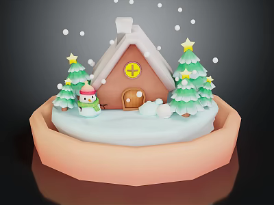 Cartoon Winter Scene With Gingerbread House Snow Roof Christmas Trees Stars Snowman And Falling Snowflakes 3d model