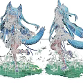Woman standing in grass with blue hair fox ears two tails white flowers blue dress