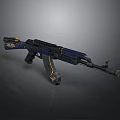 Modern Tactical Assault Rifle With Blue Gold Accents And Textured Surface
