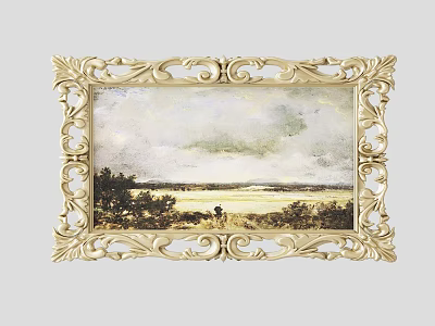 Landscape Painting In Golden Ornate Frame With Natural Scenery Trees Distant Water Surface And Sky 3d model