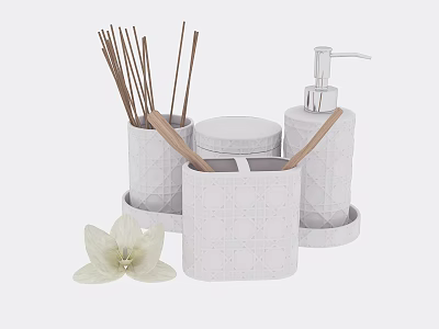 Stylish Bathroom Accessories Set With Incense Sticks Soap Dispenser And White Flower 3d model