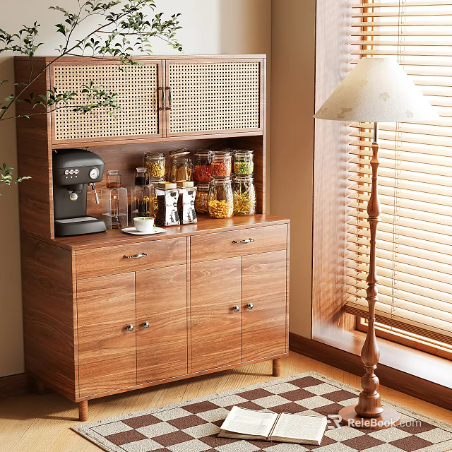 Wooden Sideboard With Lattice Doors Storage Jars And Coffee Machine In Dining Room 3d model 