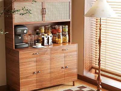 Wooden Sideboard With Lattice Doors Storage Jars And Coffee Machine In Dining Room 3d model