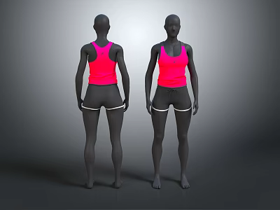 Two Mannequins Displaying Pink Tank Tops And White Shorts On Gray Background 3d model