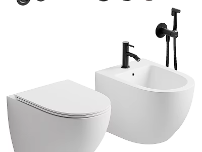 Modern White Wall Mounted Toilet With Sleek Washbasin And Black Faucet 3d model