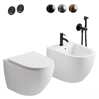 Modern White Wall Mounted Toilet With Sleek Washbasin And Black Faucet 3d model