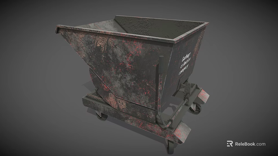 Rusted Industrial Dump Hopper Equipment with Wheels Black and Rust Red for Factory Transport 3d model 