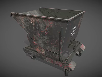 Rusted Industrial Dump Hopper Equipment with Wheels Black and Rust Red for Factory Transport 3d model
