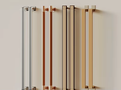 Modern Metal Door Handles in Silver Copper and Gold Tones Arranged on Light Background 3d model