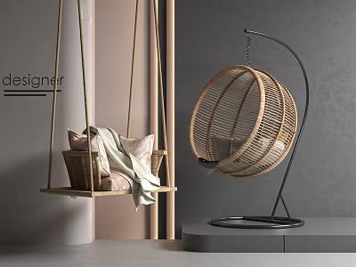 Cozy Modern Rattan Hanging Chair with Metal Stand and Soft Pillows for Indoor Home Decor 3d model
