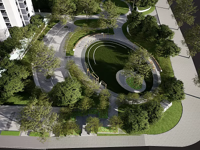 Urban Garden Landscape Design With Circular Pathways Lush Trees And Green Lawn 3d model