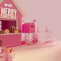 Festive Pink Christmas Cabin with Snowy Roof Reindeer and Star Decorations