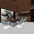 Modern Restaurant Interior With Red Brick Wall Chandeliers Staircase And Comfortable Seating 3d model