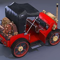 Two Vintage Red Open Top Cars With Black Soft Top And Brass Details