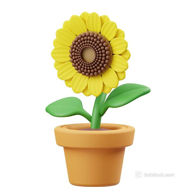 Bright Yellow Sunflower Plant With Brown Center Green Stem Leaves In Terracotta Pot 3d model 
