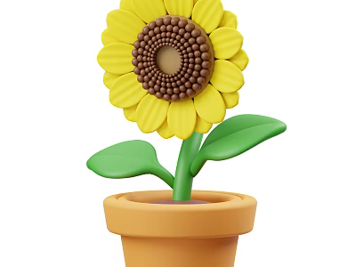 Bright Yellow Sunflower Plant With Brown Center Green Stem Leaves In Terracotta Pot 3d model
